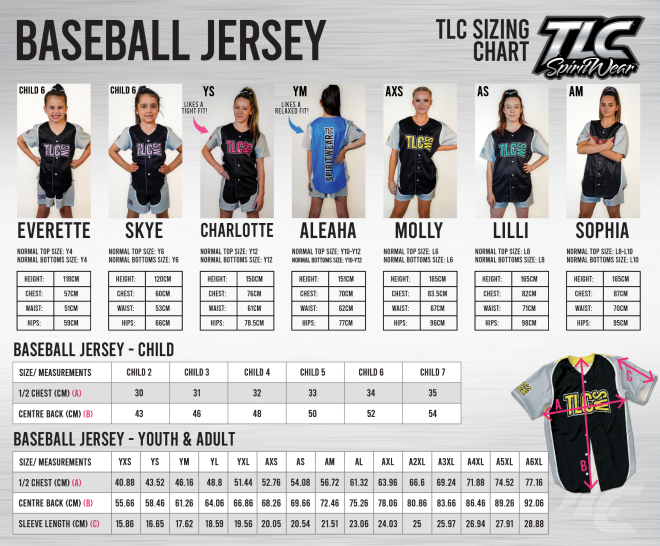 Baseball Jersey Sizing Chart TLC Spirit Wear Aussie Gold Cheer & Dance